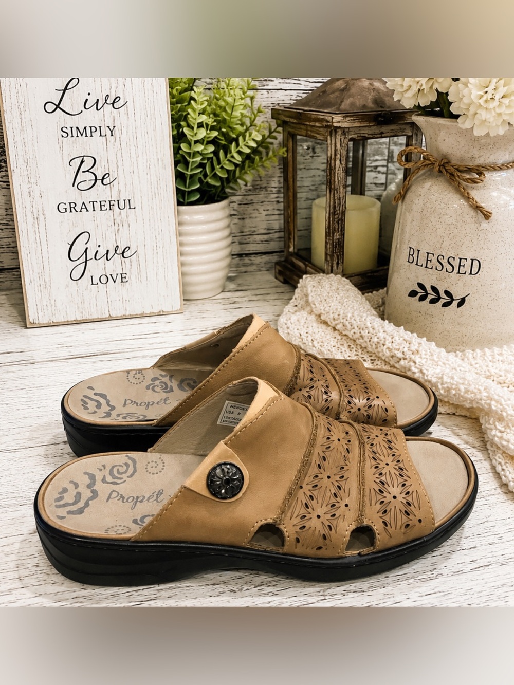 Propet Gertie Cut-Outs Leather Slide Sandals -8 M Tan Comfort Shoes
